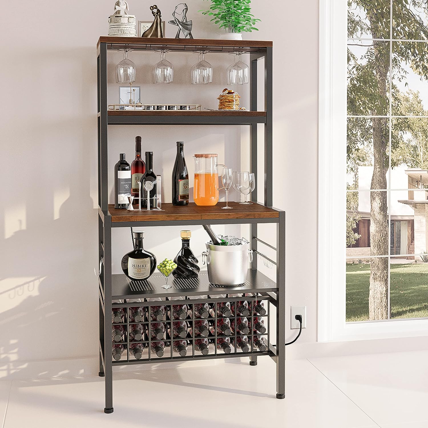 Industrial Wine Rack with Power Outlet, LED Strip, Wine Storage, Glasses Holder, Bottle Shelf and Bar Stand for Liquor and Glasses