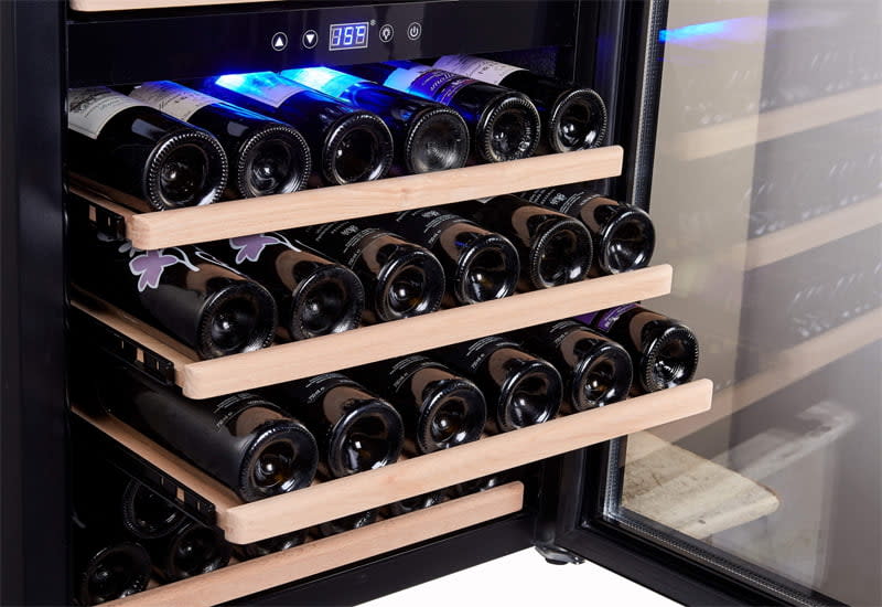 Image of bottle of wines on a shelves of a single zone wine cooler