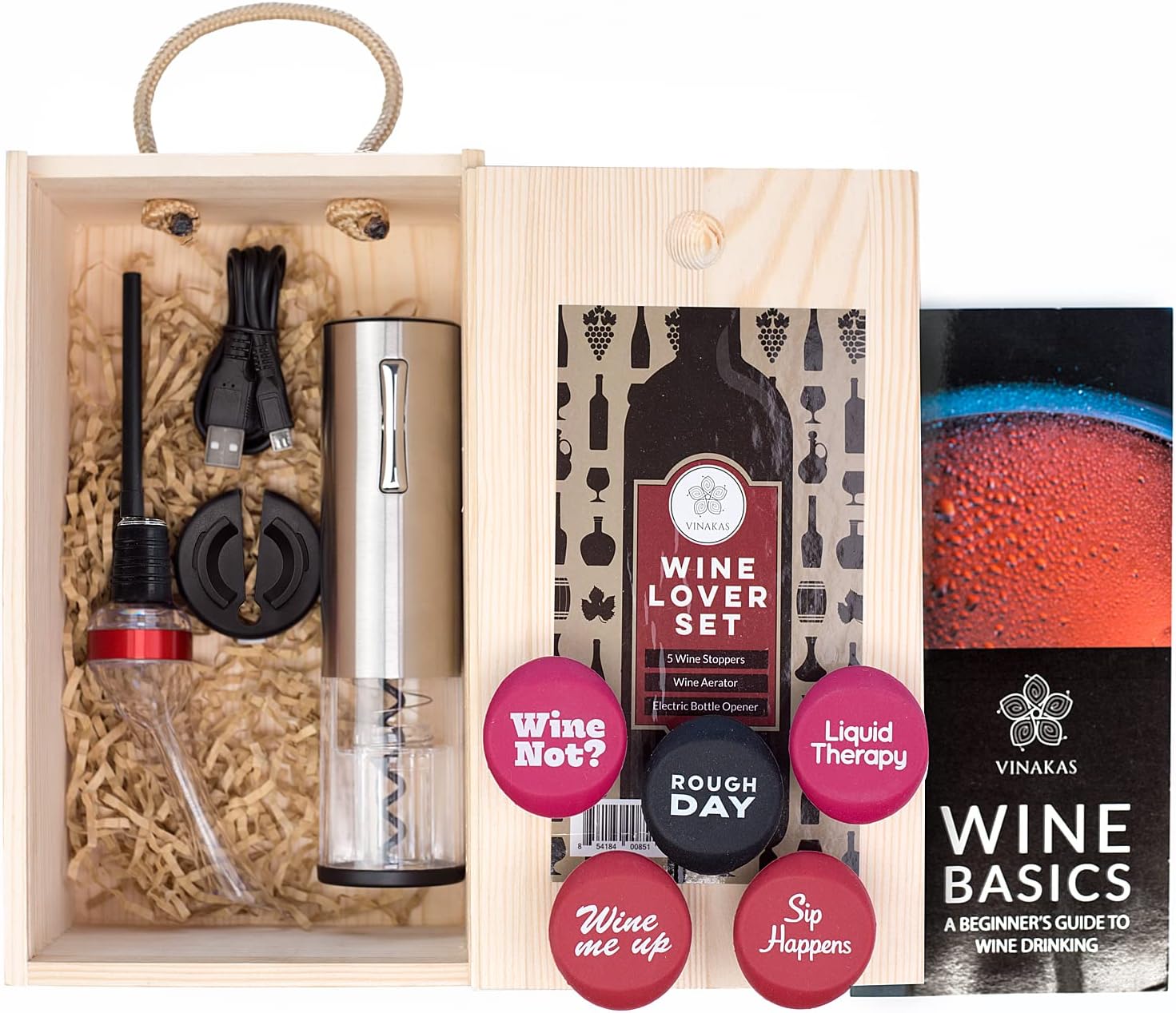 Wine Accessories Set with Wooden Box - Rechargeable Wine Opener, Aerator, Wine Stoppers & Pairing Guide