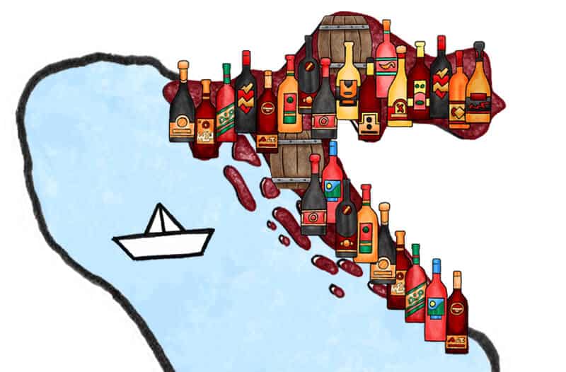 Graphic image of map of Croatia with wine bottles all over it