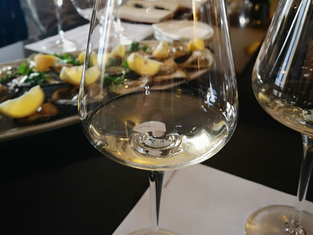 Image shows a glass of Graševina wine in the restaurant