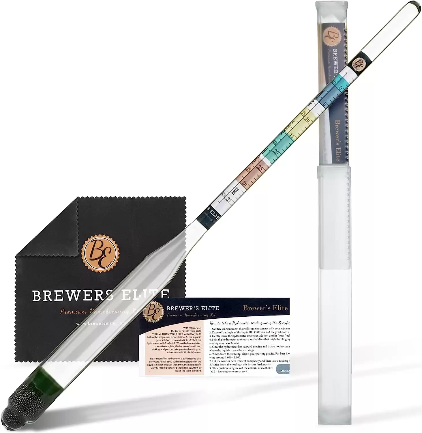 Brewer’s Elite Hydrometer – Deluxe Triple Scale Set, Hardcase and Cloth & Specific Gravity ABV Tester