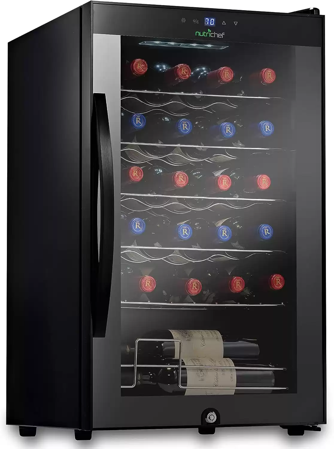 NutriChef 24 Bottle Compressor Wine Cooler Refrigerator Cooling System | Large Freestanding Wine Cellar Fridge with Black Glass Door