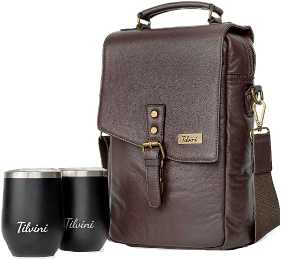 Image of tilvini Insulated Leather Wine Bag & 2 Stainless Steel Wine Tumblers