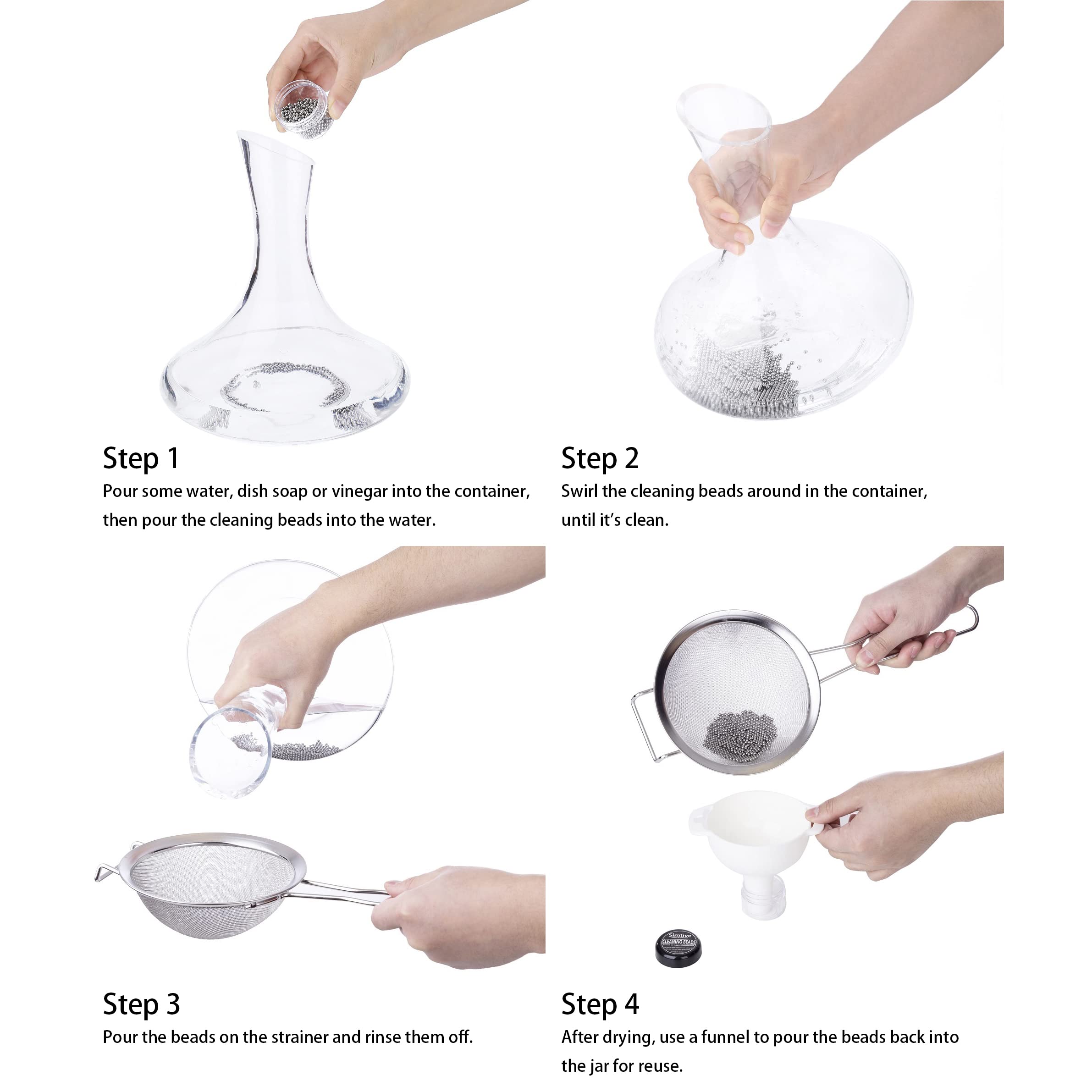 Image of how to use cleaning beads while cleaning decanter 