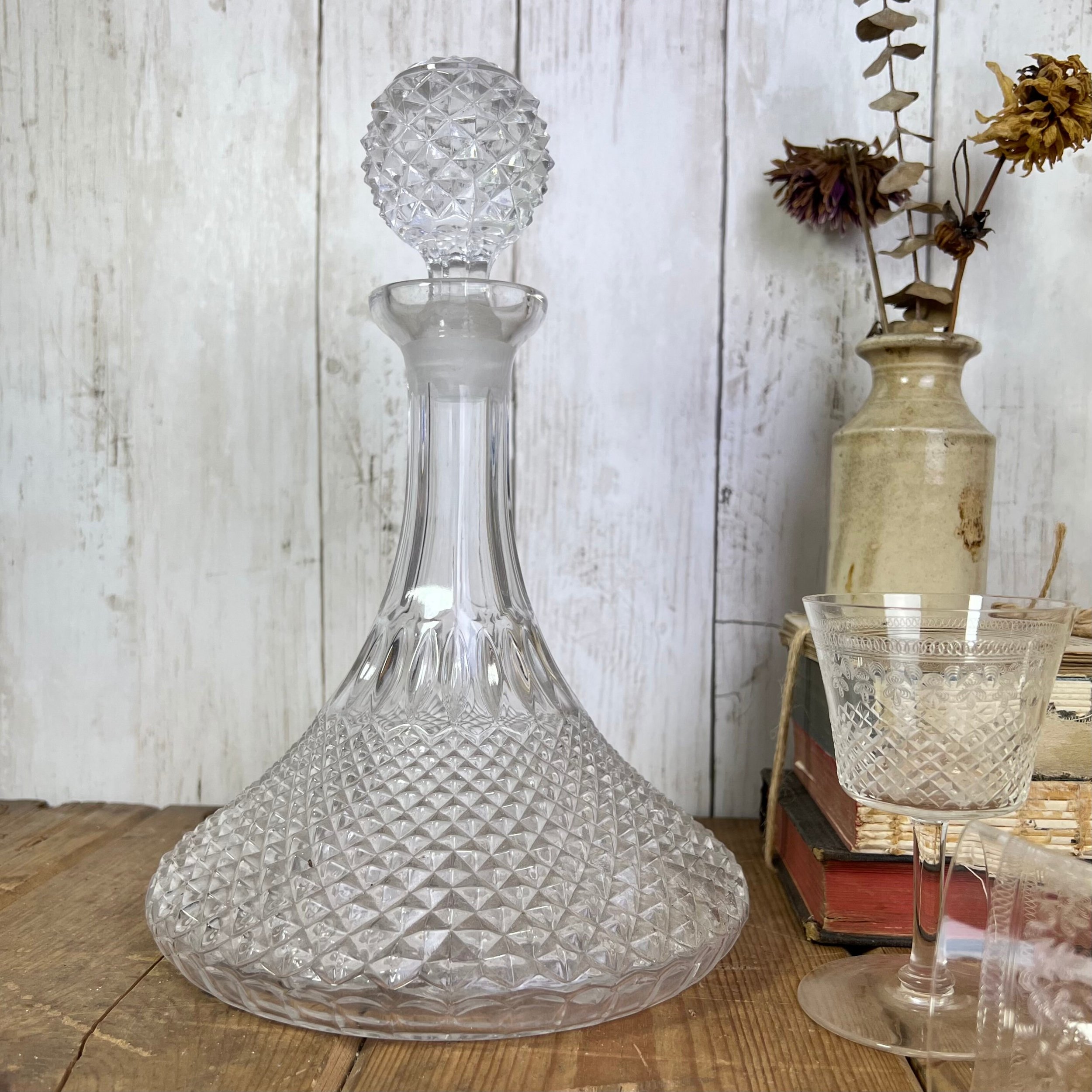 Image of vintage large bell shaped cut glass wine decanter