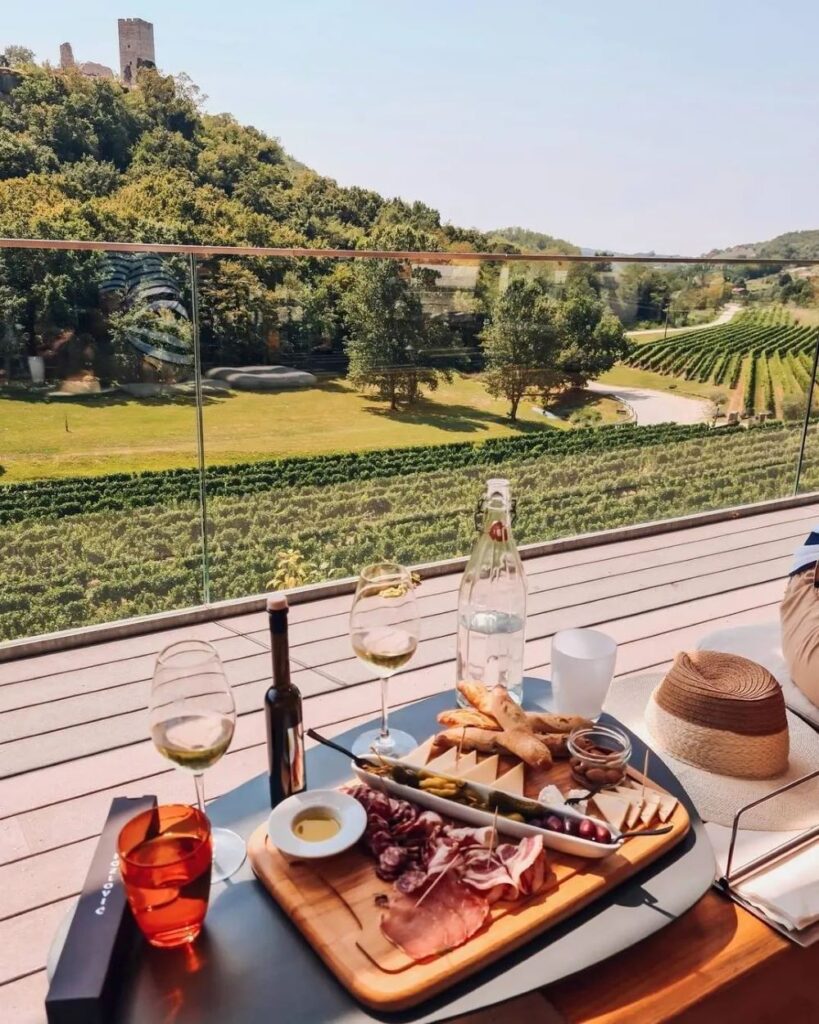 Image of a food and wine pairing while overlooking picturesque vineyards in Kozlović Winery