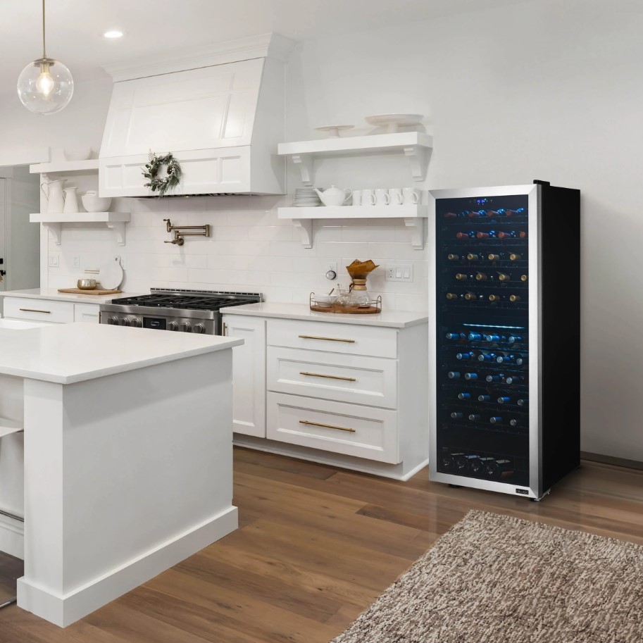 Image of NewAir Freestanding Dual Zone Wine Fridge in a kitchen 