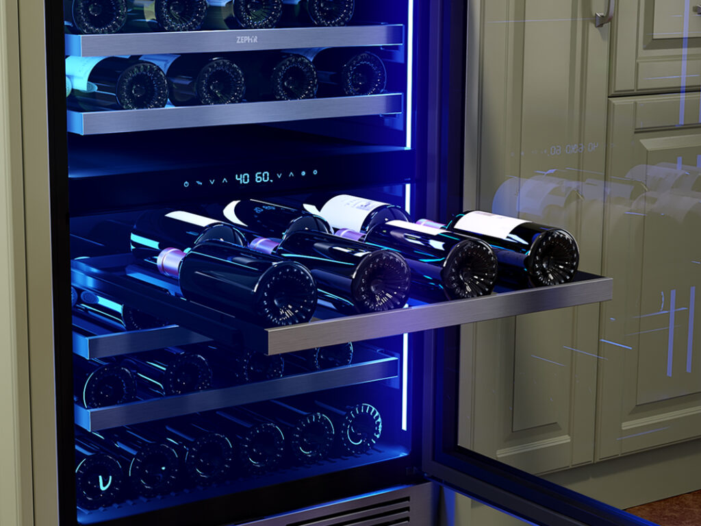 Image of bottles of wine on the shelves of a dual zone wine fridge