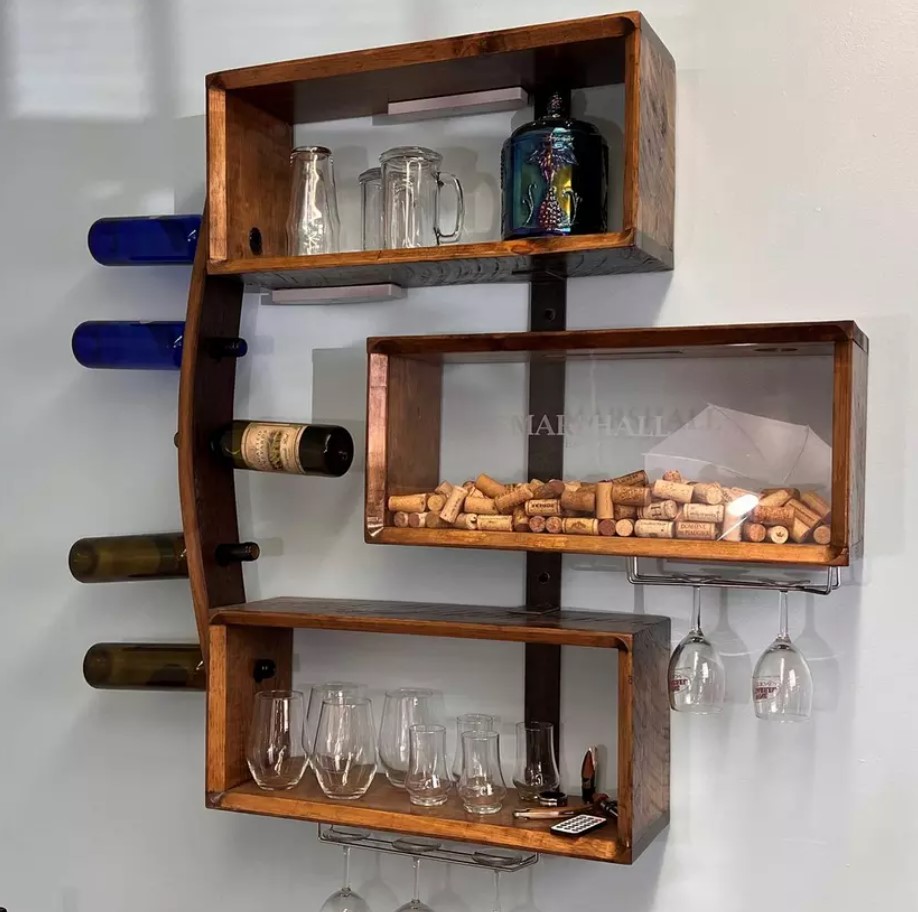 Image of Personalized Lighted Reclaimed Barrel Wine and Stemware Rack with Cork Catcher