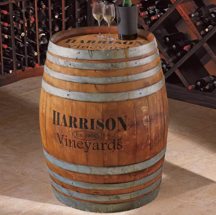 Image of personalized finished full wine barrel by Wine Enthusiast