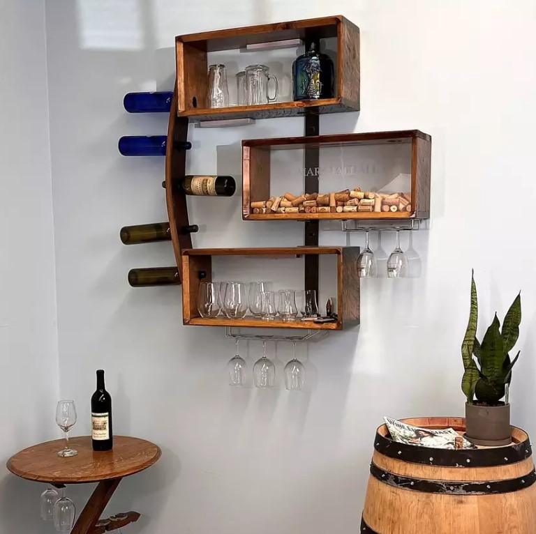 Image of a Personalized Lighted Reclaimed Barrel Wine and Stemware Rack with Cork Catcher