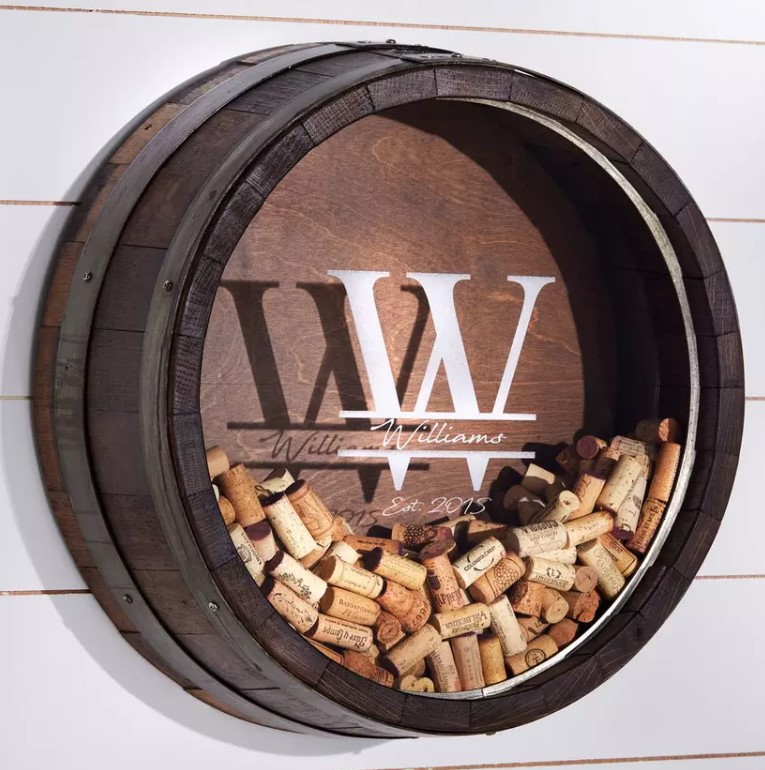 Image of Personalized Reclaimed Wine Barrel Head Cork Collectors Display