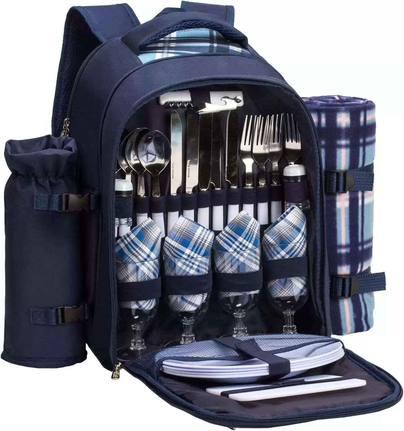 Apollo Walker Picnic Backpack Set for 4 w/Cooler Compartment, Detachable Wine Holder, Large Picnic Blanket