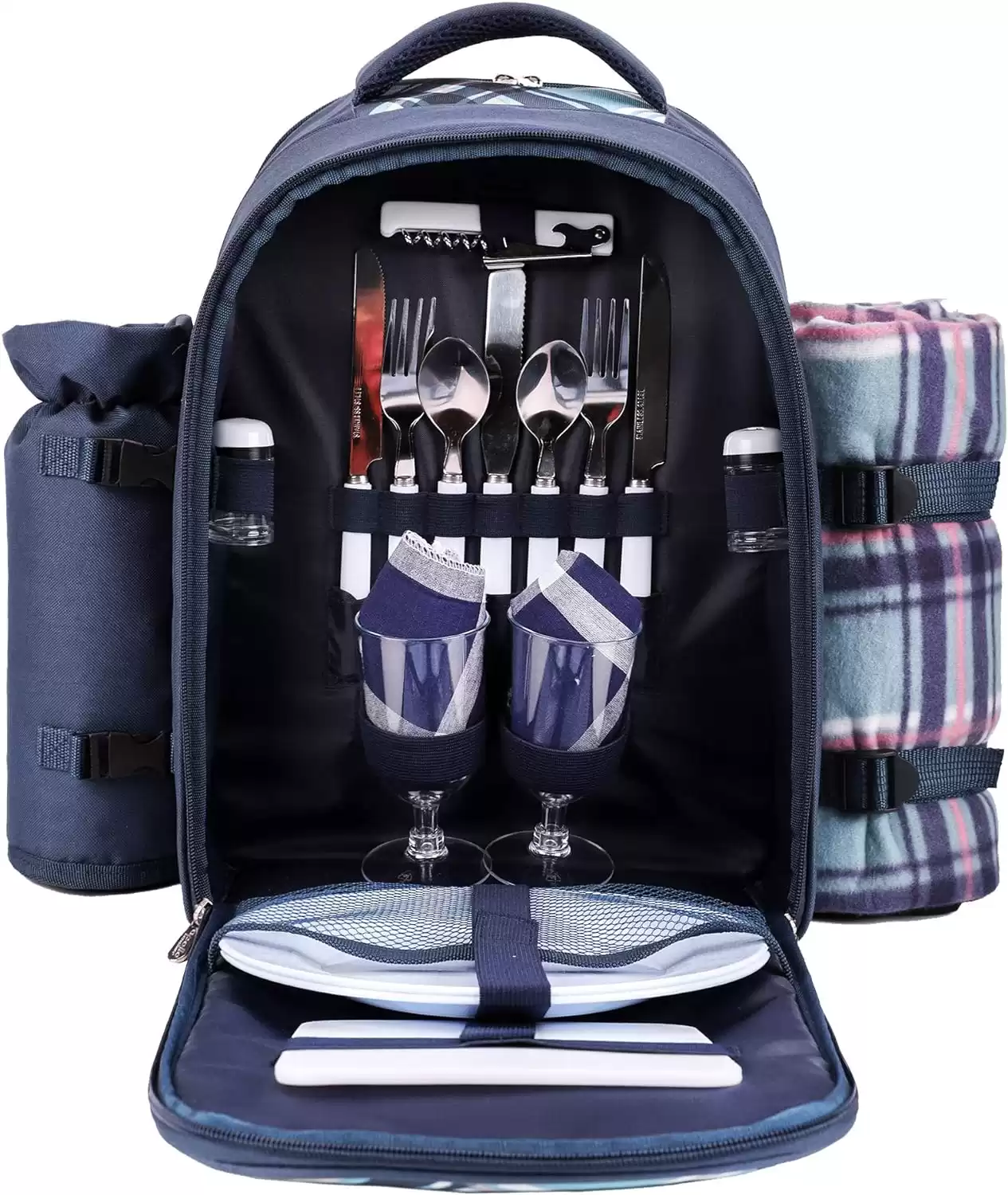 Apollo Walker Picnic Backpack w/Cooler Compartment, Detachable Wine Holder, Fleece Blanket, Plates and Cutlery