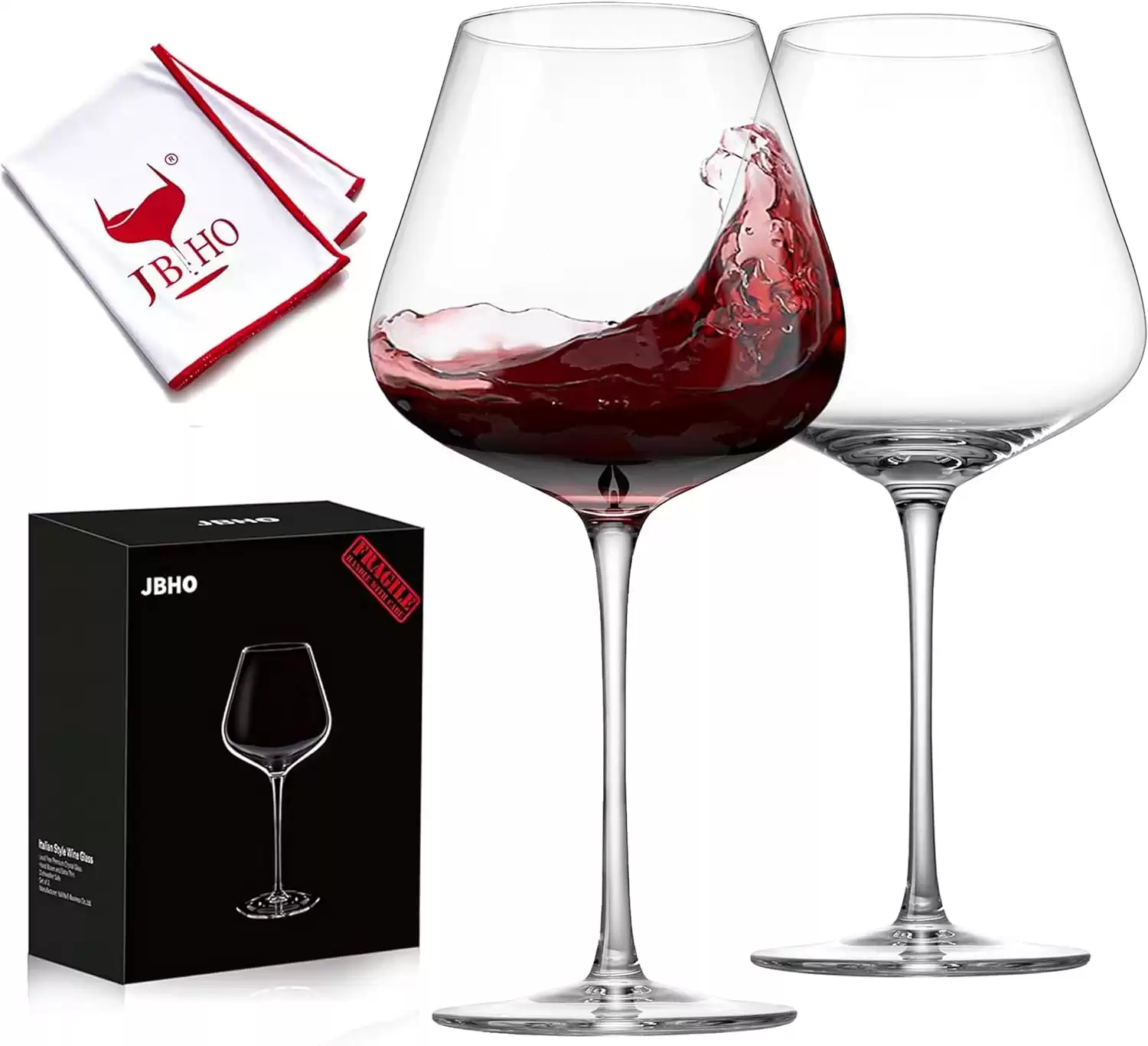 JBHO Hand Blown Crystal Burgundy Wine Glasses – Set of 2