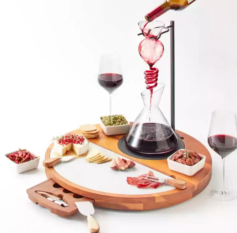 All-In-One Acacia Wood Cheeseboard and Wine Decanter Serving Set