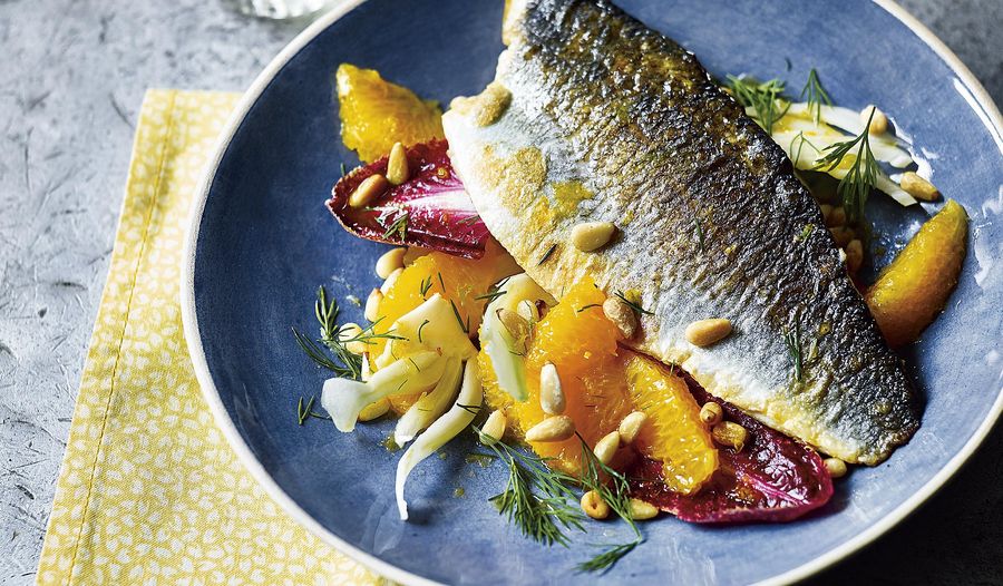 Sea bass with pan-fried fennel served on a dish